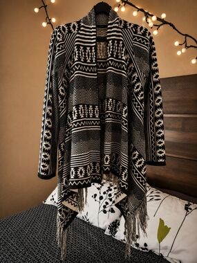 Poof! Black & Cream Aztec Open-Front Fringe Knit Cardigan